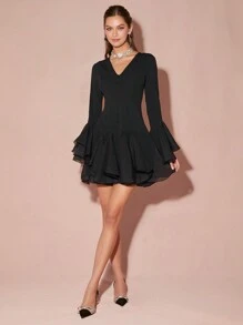 Enchnt 女士纯色 V 领修身优雅长袖连衣裙 - 黑色 - 查看 4