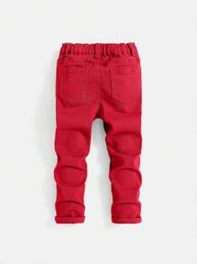 SHEIN Kleine Jungen Button-Front Tasche mit Buchstaben-Muster minimalistisch-lässige Jeans - Rot - Übersicht 2