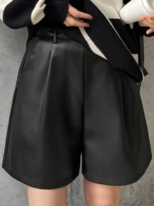 FRIFUL Women's Fashion PU Leather Pleated Loose Shorts