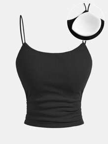 SHEIN Girlism 青少年女孩基本款无袖针织吊带背心，配有褶皱腰部和胸垫 - 黑色 - 查看 1