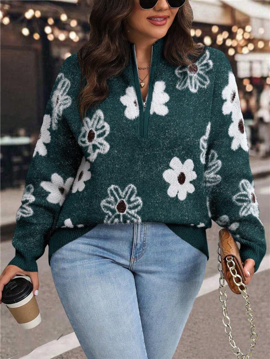 SHEIN LUNE 大码女式碎花落肩宽松半拉链毛衣，冬季针织套头衫 - 墨綠色 - 查看 1