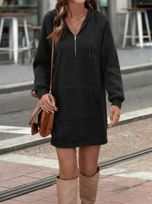 SHEIN LUNE 1pc Women Casual Zipped Hoodie Dress With Pockets, Long Sleeve,Long Sleeve Tops In Fall/Winter - Black - View 4