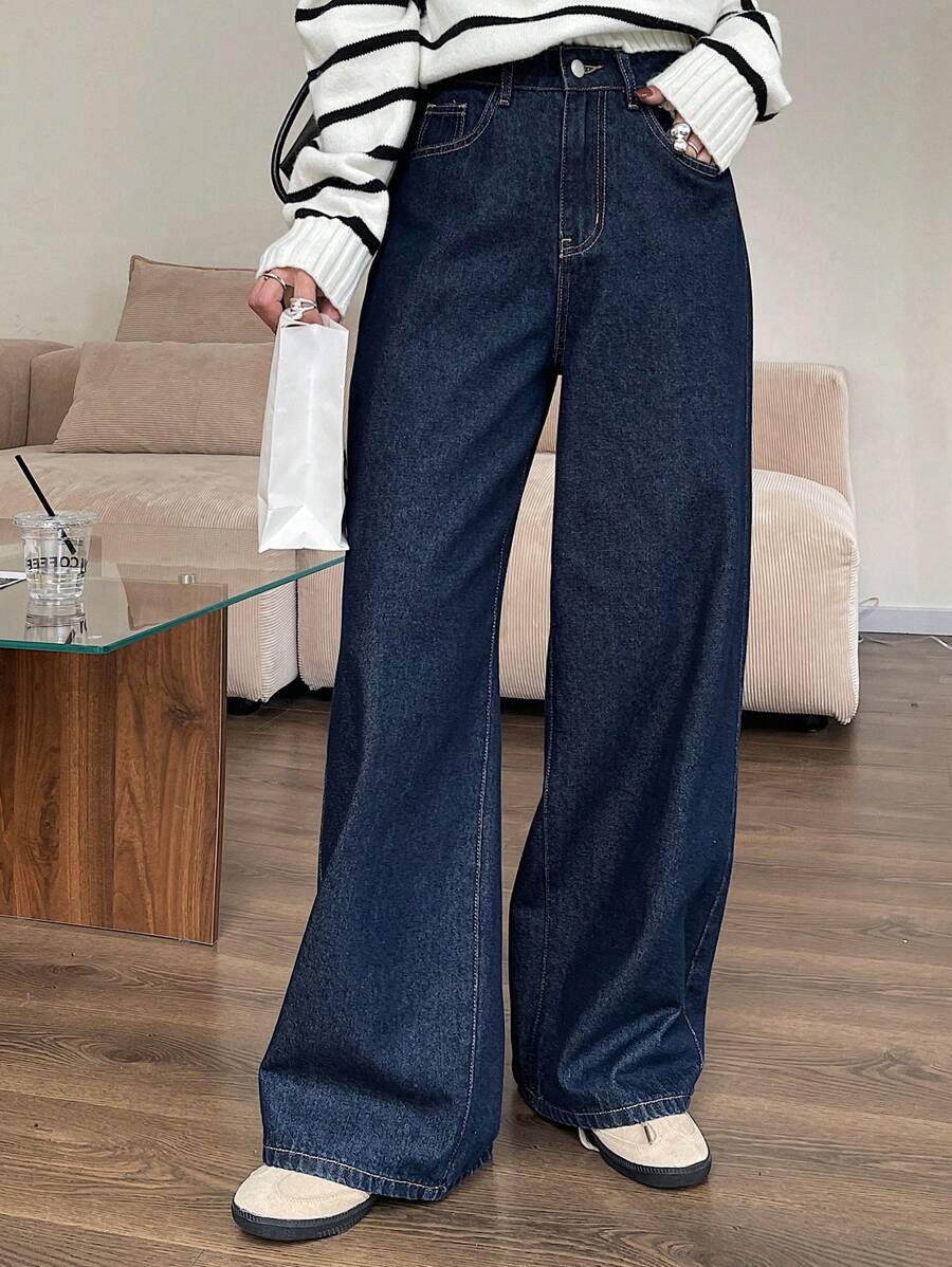 DAZY 女式纯色口袋休闲直筒牛仔裤,返校服装 - 藍色 - 查看 1