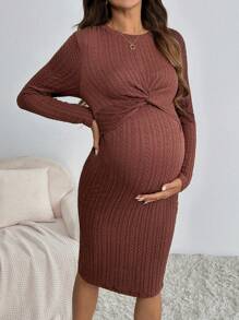 SHEIN 孕妇日常休闲哺乳连衣裙圆领长袖腰部扭结 - 棕色 - 查看 3