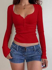 Mystra 女士休闲纽扣罗纹修身长袖毛衣/T恤，适合夏季和秋冬季节穿着 - 紅色 - 查看 6