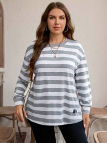 SHEIN LUNE Plus Size Women's Autumn/Winter Striped Print Loose Crew Neck Long Sleeve Casual Fashion T-Shirt With Side Slits Thanksgiving Outfit Holiday Outfit