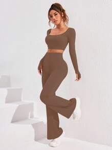 Women Solid Square Collar Long Sleeve Cropped T-Shirt & Flared Pants Sports Set Gym Set Workout Women Set