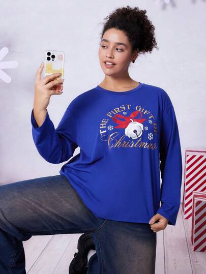 THE POLAR EXPRESS X SHEIN Plus Size Casual Julklapp Bell Print Blå T-shirt Lämplig för vardagsbruk