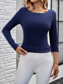 EMERY ROSE Women Casual Solid Color Crew Neck Long Sleeve Padded Breathable Fitted T-Shirt, Spring/Autumn
