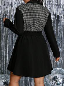 SHEIN Clasi Plus Size Women's Patchwork Houndstooth Print Long Sleeve Elegant Dress, Autumn/Winter