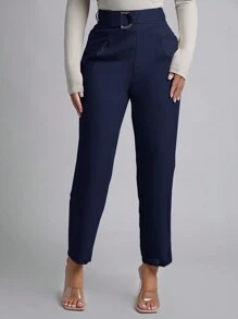 SHEIN PETITE Quần ống côn có thắt lưng mùa xuân cho nữ - Màu xanh hải quân - Xem 4