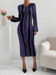 SHEIN Unity 女士优雅拼色圆领修身毛衣裙，秋冬 - 彩色 - 查看 3