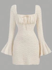 Girlism Teen Girls Apricot Knit Textured Long Sleeve Sheer Flare Sleeve Elegant Vintage Casual Dress