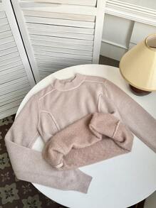 SHEIN LUNE 女士纯色圆领长袖休闲针织套头衫，秋冬季款 - 卡其色 - 查看 6