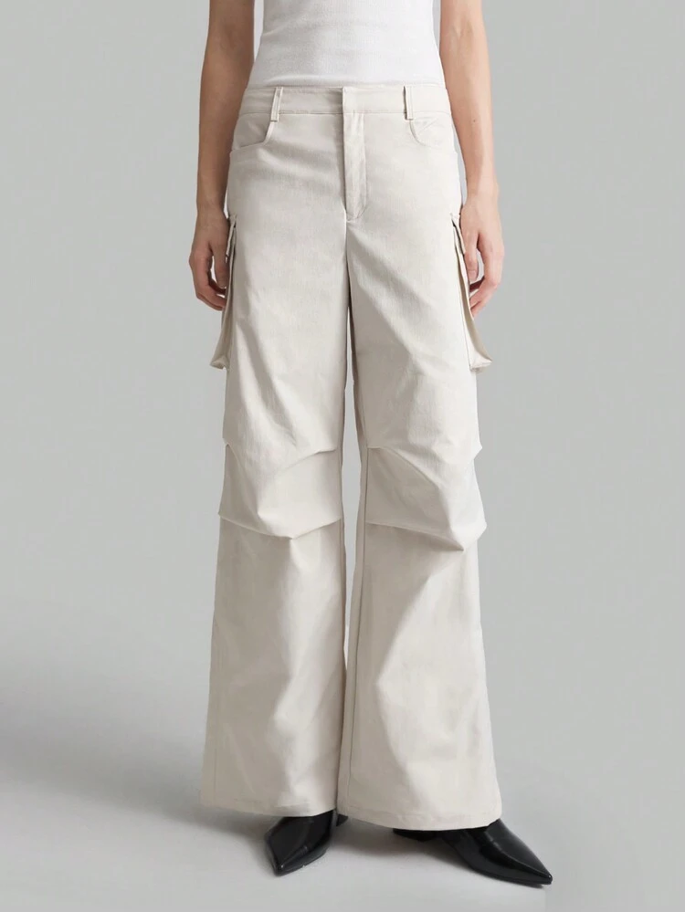 Light Grey Vintage Low-Waist Cargo Pocket Split Leg Casual Pants, Fashion Street Style, Autumn