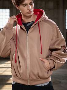 Manfinity VCAY Men's Fashionable Casual Patchwork Loose Fit Long Sleeve Hoodie Sweatshirt For Young People, Daily Wear, For Fall Winter - Camel - View 7