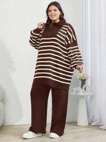 SHEIN Cottnline Plus Size Women's Houndstooth Drop Shoulder Button Down Cardigan Sweater And Pants 3-Piece Set, For Winter - Brown - View 5