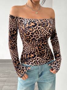 SHEIN EZwear 女士豹纹天鹅绒露肩长袖 T 恤，休闲度假 - 彩色 - 查看 4
