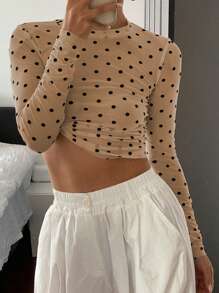 Livesso Polka Dot Print Fitted Pleated Women Long Sleeve Blouse,Fall Clothes - Khaki - View 4