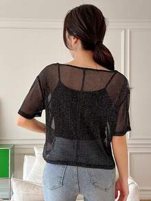 DAZY Women Loose Fit Sheer Round Neck Short Blouse Top Going Out Tops - Black - View 5