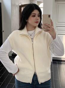 Dazy Petite Plus Plus Size Women Double-Zipper Loose Solid Color Turtleneck Sleeveless Cardigan, Autumn/Winter