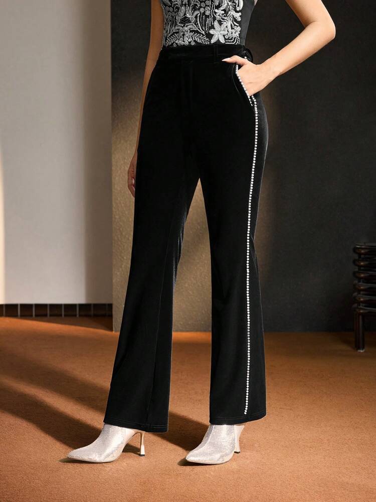 MOTF Soiréza VELVET SLANT POCKET FAUX PEARL TRIM FLARE LEG SUIT PANTS