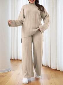 EURMUSE OLUS SIZE HIGH NECK CASUAL SWEATER CORDS - Beige - View 1
