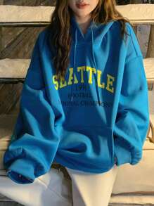 DAZY 女士休闲字母图案大口袋运动衫，蓝色连帽衫，秋季女装 - 藍色 - 查看 6