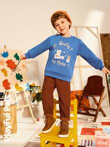 SHEIN Set de 2 piezas para niños pequeños - Suéter de cuello redondo de manga larga con estampado de dibujos animados lindo/vintage/casual/de vuelta a la escuela y pantalones, adecuado para la escuela y exteriores, primavera/otoño/invierno