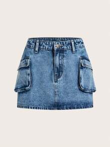 SHEIN EZwear Women's Daily Wear Date Night Washed Cargo Denim Mini Skirts