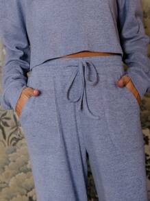 Aralina 宽松拉绒罗纹低腰宽松阔腿休闲裤 - 淺藍色 - 查看 4