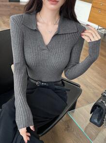 DAZY 女士修身圆领长袖针织毛衣，适合日常休闲穿着，秋季服装 - 深灰色 - 查看 7