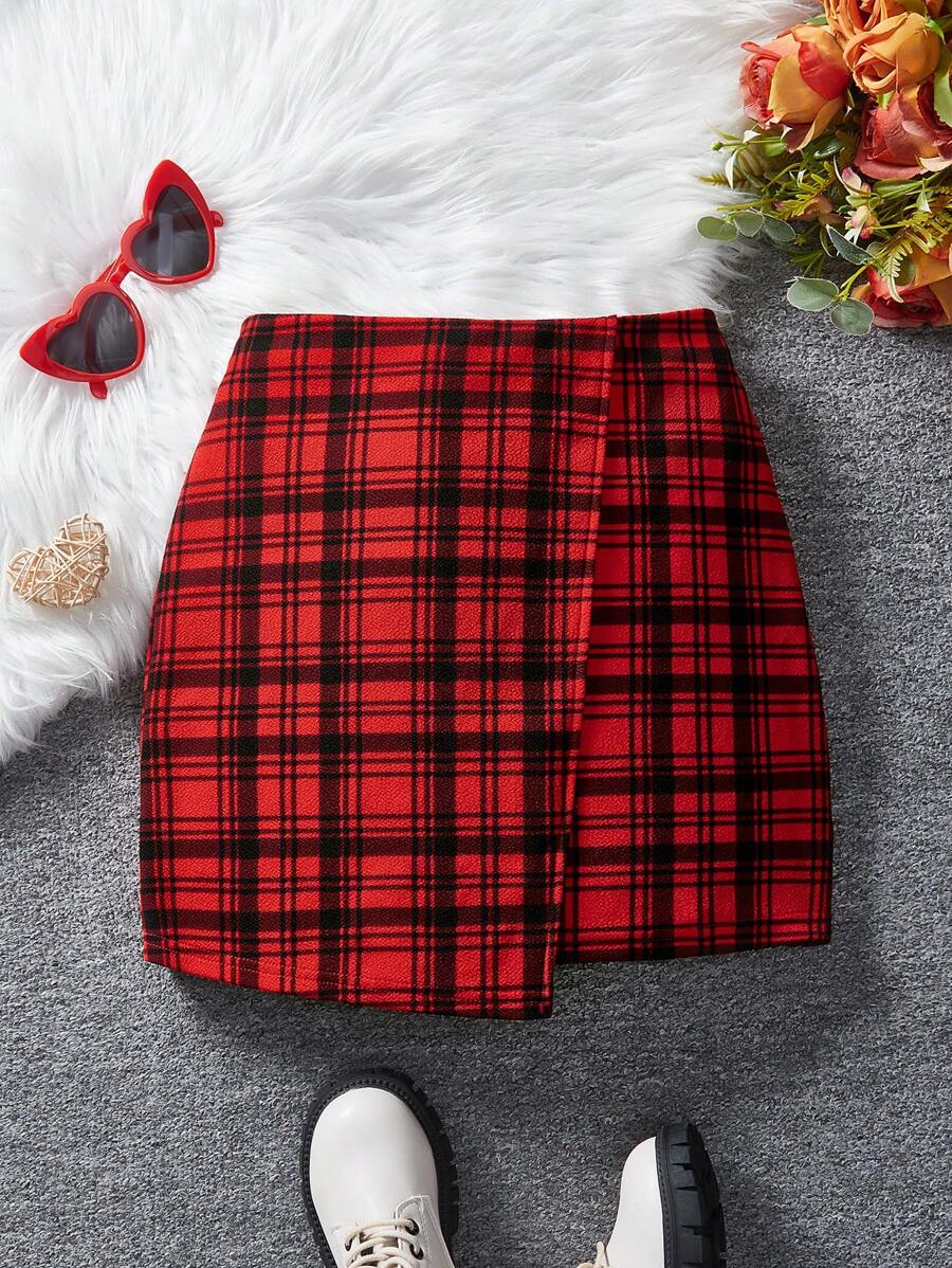 SHEIN Tween Girl Red Plaid Knit A-Line Skirt, Christmas Season