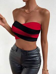 Chiquease 女士条纹短款紧身胸衣短款上衣，合身又时尚 - 紅色和黑色 - 查看 6