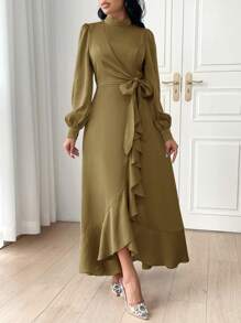 Modelyn Lantern Sleeve Ruffle Trim Knot Side Wrap Dress For Summer Long Evening Dresses - Army Green - View 4