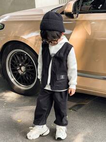SHEIN 3pcs Young Boys Cute Casual Comfy Solid Color Hoodie, Decorated Gilet, And Pants Set, Suitable For Outings, School, Daily Gatherings, Parties, Autumn/Winter