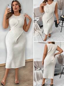 SHEIN Unity Plus Size Women Casual Stylish Slimming Round Neck Mid-Length Crossover Design Sweater Dress, Autumn/Winter - Apricot - View 1
