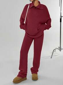 SHEIN Unity Bộ 2 món/Bộ đồ nữ cổ polo màu trơn dài tay áo len và quần dệt kim thường ngày, Thu/Đông - Đỏ - Xem 1