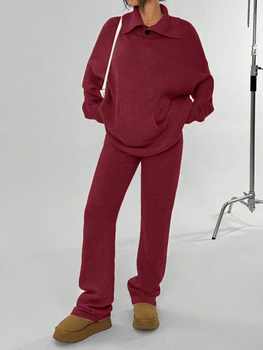 SHEIN Unity Bộ 2 món/Bộ đồ nữ cổ polo màu trơn dài tay áo len và quần dệt kim thường ngày, Thu/Đông - Đỏ - Xem 1