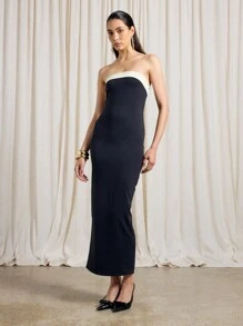 AiiRZ 对比色饰边抹胸紧身中长连衣裙，后开衩 - 黑色 - 查看 1