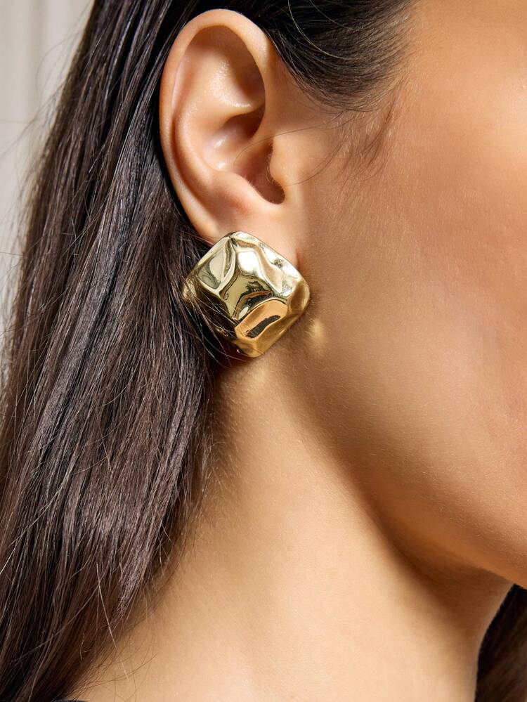 Pre-Plated Square Crinkle Stud Earrings In Gold Color