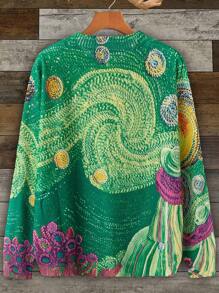 SHEIN LUNE Suéter de cuello redondo con estampado de flores talla grande, uso casual diario, tejido de punto de otoño/invierno - Verde - Ver 2