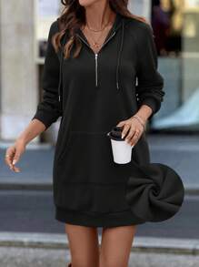 SHEIN LUNE 1pc Women Casual Zipped Hoodie Dress With Pockets, Long Sleeve,Long Sleeve Tops In Fall/Winter - Black - View 3