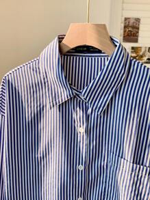 Comfortcana Striped Print Drop Shoulder Shirt - Blue and White - View 4
