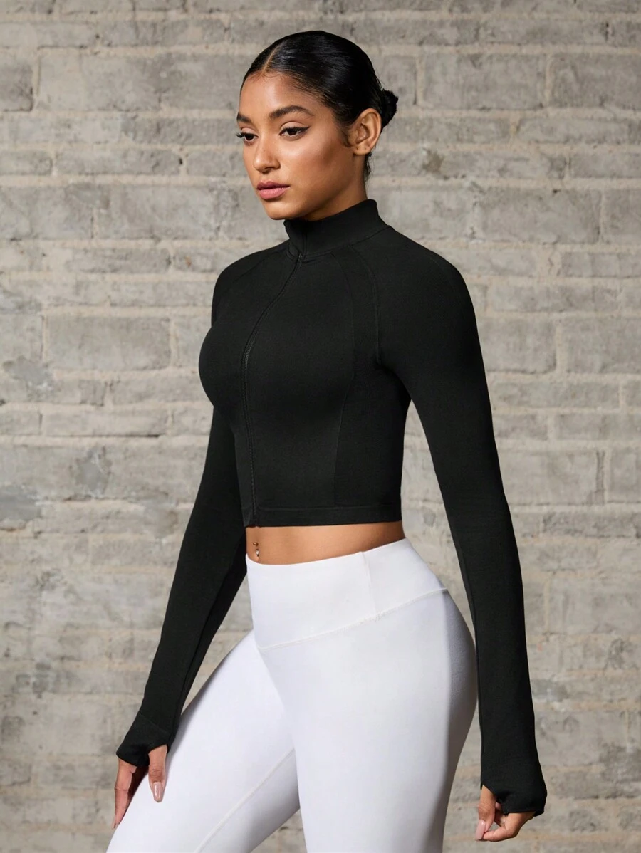 Seamless Thumb Hole Zip Up Long Sleeve Active Jacket - Black - View 1