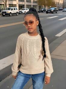 Tween Girl Casual Solid Color Knit Round Neck Long Sleeve Pullover Sweater, Autumn/Winter - Khaki - View 1
