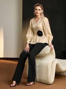 MOTF Soiréza Parte superior tipo peplum de fiesta con contraste de flor estereoscópica, manga farol y escote en V - Dorado - Ver 5