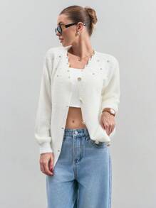 CLARA VERO Women Solid Color Hairy Yarn Rhinestone Detailed Front Button Cardigan - White - View 1