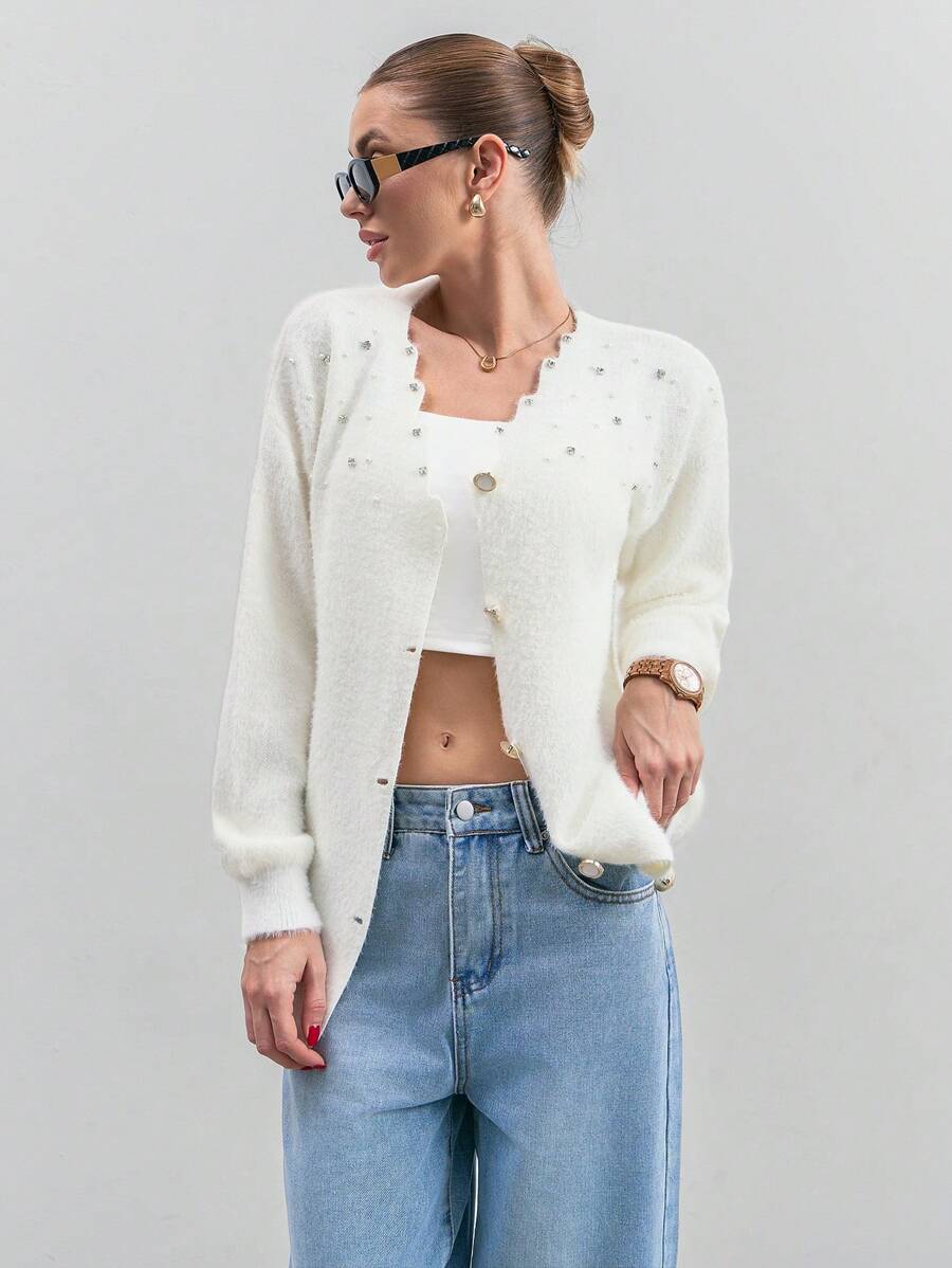CLARA VERO Women Solid Color Hairy Yarn Rhinestone Detailed Front Button Cardigan - White - View 1