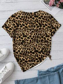 SHEIN LUNE 女式休闲豹纹圆领短袖 T 恤，春夏 - 黃色 - 查看 6